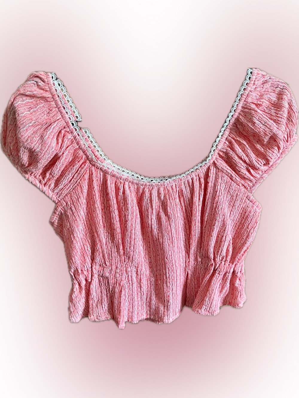 NWOT Coral/Pink Off-Shoulder Ruffle Blouse with Lace Trim
